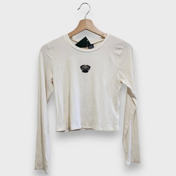 Wild Fable Pug Dog Ribbed Embroidered White Long Sleeve Crop Top Size Medium - Picture 2 of 13